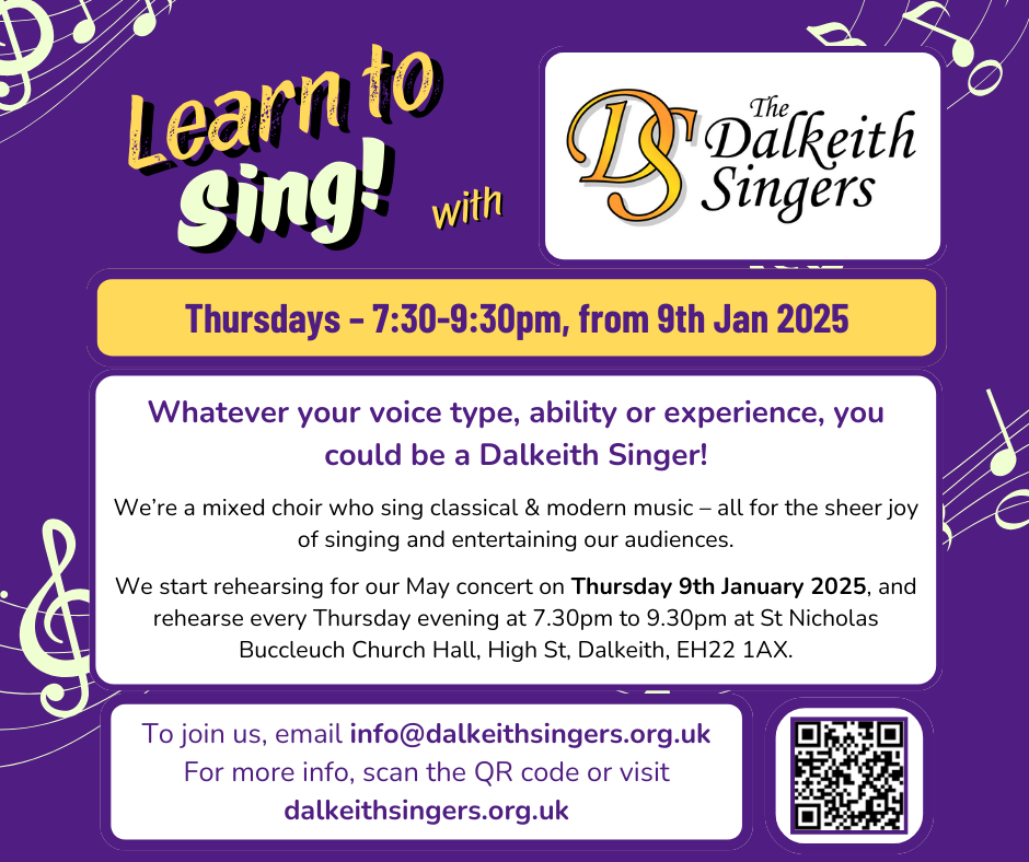 Image encouraging people to join the Dalkeith Singers on Thursday evenings in January. Details are repeated in the text of the page.